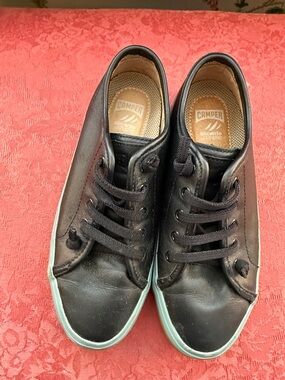 Camper Black Leather Sneakers with Light Blue Trim